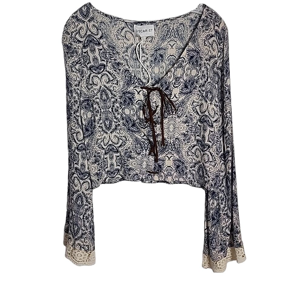 Oscar St Bohemian Style Corset Front Top, Lace Trimmed Sleeves, NWT, Large